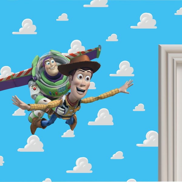 Buzz Lightyear and Woody flying -  Wall Sticker - Large - 590mm x 360mm - Cut to Shape - SKU 385