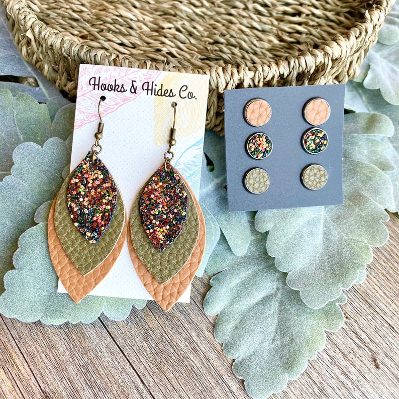 Green Olive Dragon Glitter Faux leather Glitter Hooks /& Hides Co. Lightweight earrings Camel