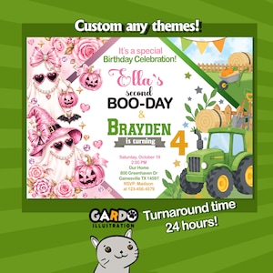 May include: A rectangular birthday invitation featuring two distinct themes: pink ghosts with bows and pumpkins on the left, and a green tractor with hay bales on the right. Text includes Ella's second BOO-DAY, Brayden is turning 4, and event details for Saturday, October 19 at 2:00 PM at 800 Greenhaven Dr, Gainesville TX 14597, with RSVP to Madison at 123-456-4579.