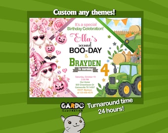 May include: A rectangular birthday invitation featuring two distinct themes: pink ghosts with bows and pumpkins on the left, and a green tractor with hay bales on the right. Text includes Ella's second BOO-DAY, Brayden is turning 4, and event details for Saturday, October 19 at 2:00 PM at 800 Greenhaven Dr, Gainesville TX 14597, with RSVP to Madison at 123-456-4579.