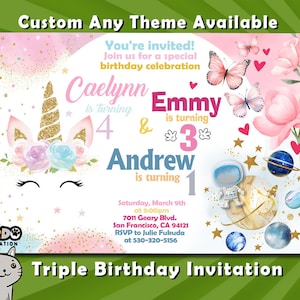 Triple Birthday Invitation, Sibling Birthday Invitation, Combined Triplets Invitation,Three different themes, Custom Theme Invite