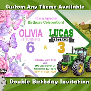 Inbjudan till gemensam födelsedag, syskonfest, tvillingfödelsedagsinbjudan, dubbelfödelsedag valfritt tema, utskrivbar digital fil