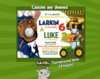 May include: A birthday invitation card featuring a baseball glove, ball, and bat on the left, and construction vehicles including a dump truck, bulldozer, and tractor on the right. Text includes Larkin is turning 6, Luke is turning 2, August 14th, 1:00-3:00PM, Water slide and bounce house, 2057 McLain Rd NW, Acworth, GA 30101, RSVP to Whitney at 404.372.2807.