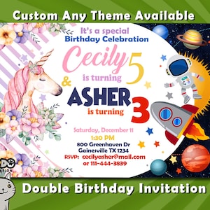 Invitación de cumpleaños para hermanos, invitación doble, invitación doble, invitación combinada, invitación de cumpleaños para gemelos, invitación personalizada