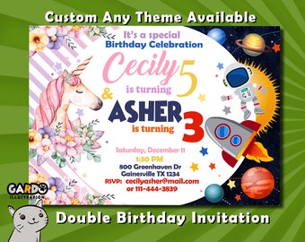 Sibling Birthday Invitation, Double Invitation, Dual Invitation,Combined Invitation, Twins Birthday Invitation, Custom Invitation