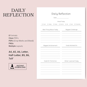 Diario imprimible de reflexión diaria, atención plena y gratitud, registro diario de superación personal, tamaño A4, A5 o carta, descarga en formato PDF