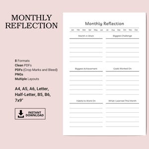 Printable Monthly Reflection Journal | Track Goals, Achievements & Growth | Self-Improvement Template | A4/A5/Letter PDF