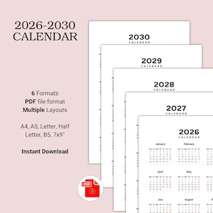 2026, 2027, 2028, 2029, 2030 Calendar 2026-2030 Yearly Calendar Printable 2026-2030 Wall Calendar Year at a Glance Minimalist Calendar