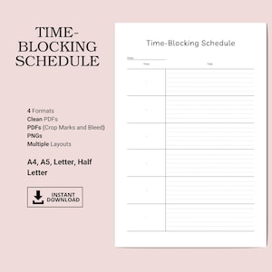 Plantilla imprimible de horario de bloques de tiempo / Planificador diario de bloques de tiempo / Organizador de productividad / A4/Carta / Descarga instantánea
