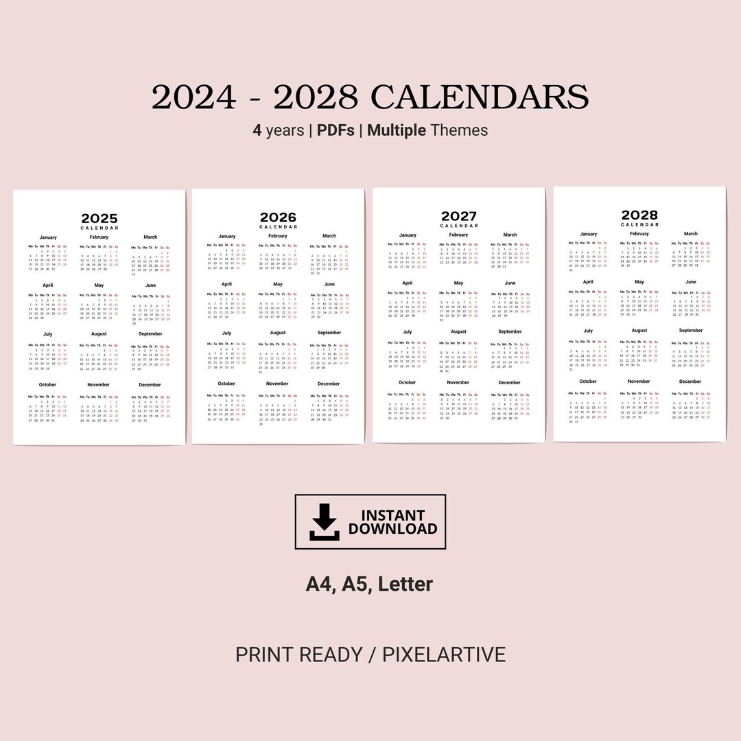 Printable 2025, 2026, 2027, 2028 Calendar, Portrait, A4, A5, Letter, Printable Calendar, 2025 Calendar, 2026 Calendar, 2027 Calendar, 2028 - Etsy