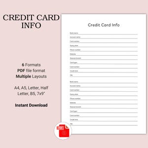 Afdrukbare creditcardgegevenssjabloon | Kaartgegevens, betalingen en vervaldatums volgen | Organiseer je financiën veilig | A4/A5/Letter-pdf