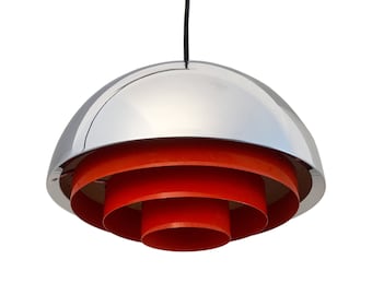 Pendant Designed By Jo Hammerborg In The 70&#39;s! This Chrome and Red Lamp Was Produced In Denmark By Fog & Morup.