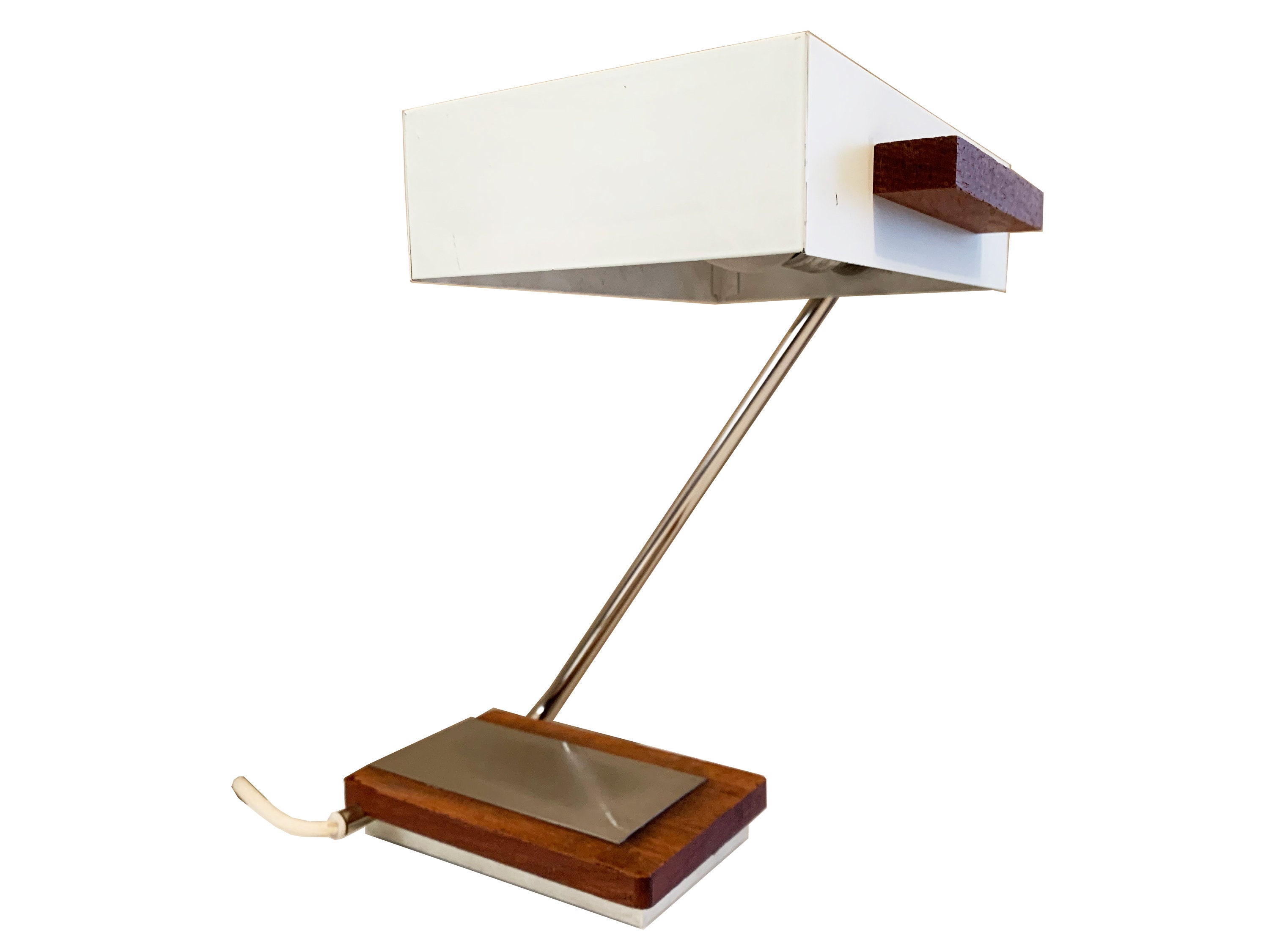 Lampe de Bureau Cubiste en Teck Allemand, Métal Blanc Par Kaiser Leuchten, Années 1960