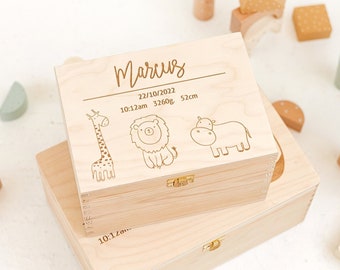 Safari-Themed Wooden Baby Metrics Box, Natural Wood, Perfect for Keepsake or Baby Shower Gift