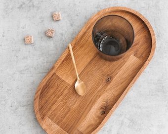 Oval hardwood oak serving board | rustic jewelry and coffee tray with modern design | valet tray organizer | natural wood coaster