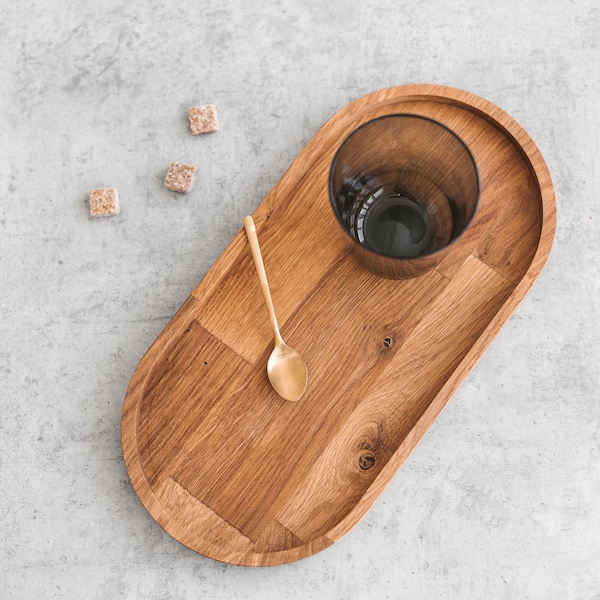 Ovale hardhouten eiken serveerplank | rustieke sieraden en koffieblad met modern design | valet lade-organizer | natuurlijke houten achtbaan