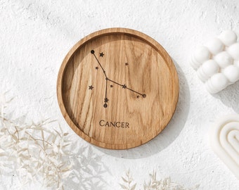 Handmade wooden round Cancer  Zodiac Tray | Cancer Jewelry Trinket Tray | Anniversary gift for couples| Zodiac Crystal and Gem Display|