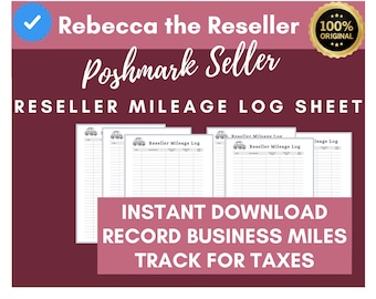 May include: A digital download for a printable mileage log sheet for Poshmark sellers. The sheet is designed to help sellers track their business miles for tax purposes. The image shows a pink background with a white text box that says "INSTANT DOWNLOAD RECORD BUSINESS MILES TRACK FOR TAXES".