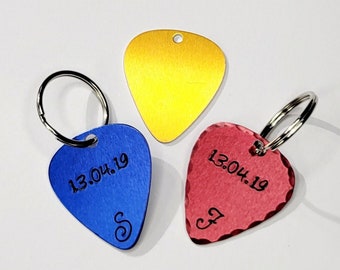 Guitar pick Hand stamp keychain,  dating date keychain, couples keychain, Anodized aluminum, personalized keychain, Initials keychain