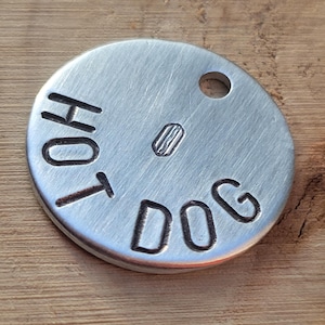 Hot dog dog tag, Fun Dog Tag, Hand Stamped Tag, Personalized Pet Gift, Pet lovers gift , Hot dog Name ID tag, minimalist Pet ID Food name ID