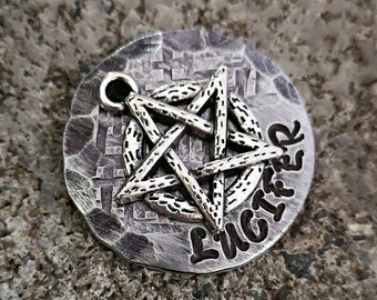 Dog Tag, Pentagram Dog Tag, Hand Stamped Customly made from a metal material,  Personalized with ID and contact number,  Dog Tags
