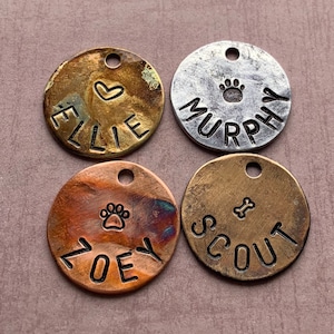 Dog name tag, brass Dog Tag, Dog Tag, Circle Dog Tag, Dog Tags for Dogs, Personalized Dog Tags, Paw, bone, heart, copper, aluminum