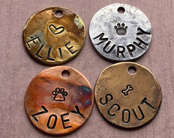 Dog name tag, brass Dog Tag, Dog Tag, Circle Dog Tag, Dog Tags for Dogs, Personalized Dog Tags, Paw, bone, heart, copper, aluminum