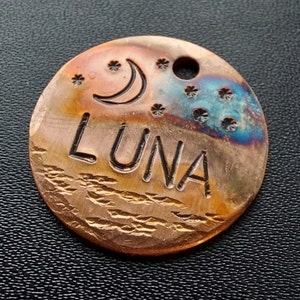 Luna Dog Tag, Pet ID Tags, Moon Dog Tag with Stars, Custom Pet Tag, Dog Collar Tag, Personalized ID Tag, Hand Stamped Tag, Colorful Dog Tags
