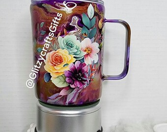 Alcohol Ink Art Tumbler Mug: Floral Stainless Steel Beverage Holder
