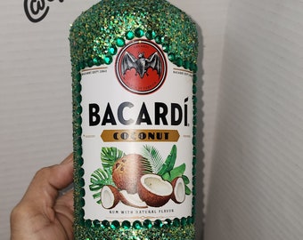 Empty Glam-Unique-Pretty BACARDI Rum Bottle. Sterilized, glitter-blinged BIRTHDAY/Christmas gift idea- FREE shot glass-Free shipping