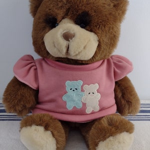 May include: A brown teddy bear wearing a pink shirt with two embroidered bears on the front. The bears are holding hands and are light blue and light pink.