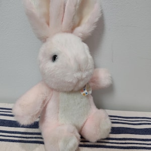 Gund Bunny Rabbit 1992 Pink White Plush Stuffed Animal Bow Flowers Vintage