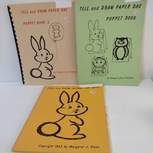 Tell & Draw Puppets and Animal Cut Outs Lot 3 Books by Margaret Olson and Margaret Jean Oldfield 1963-1978