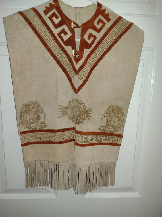 Vintage Mexican Aztec Leather Suede Poncho Vest Un