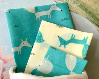 3 Beeswax Food Wraps. A Set of 3 wraps - Minty Mr foxy, fox, wildlife, wild animal 30cm x 30cm, 25cm x 25cm, 18cm x 18cm.