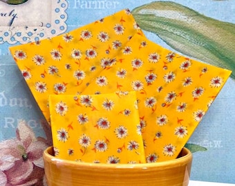 3 Beeswax food wraps - Set of 3 Beautiful sunshine yellow/daisy print/flowers/floral  - 30cm x 30cm, 25cm x 25cm, 18cm x 18cm