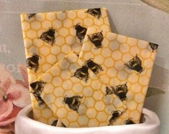 3 Beeswax Food Wraps - A Set of 3 wraps - 30cm x 30cm, 25cm x 25cm, 18cm x 18cm. Bees, bumblebees, honeycomb, honey bees