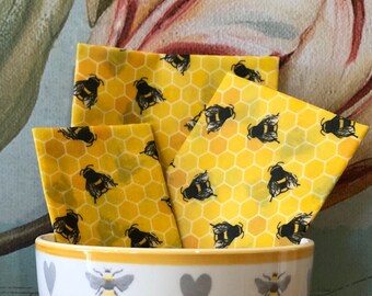 3 Beeswax Food Wraps. A Set of 3 wraps - 30cm x 30cm, 25cm x 25cm, 18cm x 18cm it’s all about the Bees!