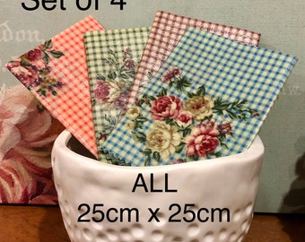 4 Beeswax Food Wraps. A Set of 4 - Each one is 25cm x 25cm. Pretty gingham and roses, country cottage style