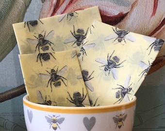 3 Beeswax Food Wraps - A Set of 3 wraps - pale cream and pretty bees  -  30cm x 30cm, 25cm x 25cm, 18cm x 18cm.