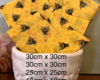 5 Beeswax Food Wraps. Family size Pack set of 5 - 30cm x 30cm, 30cm x 30cm, 25cm x 25cm, 18cm x 18cm, 16cm x 16cm. Bees, Honeycomb, Yellow