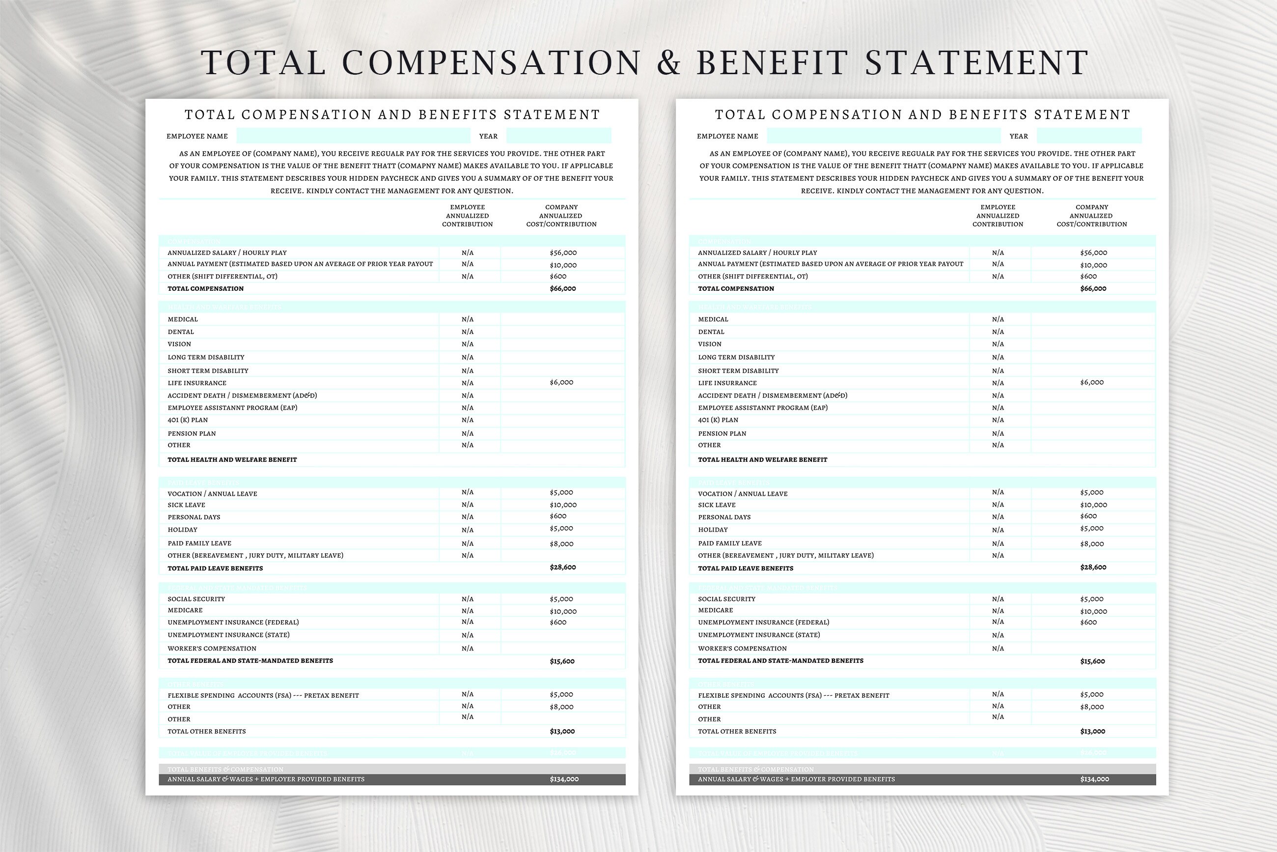 Total Compensation Statement Template, Employee Benefits Packet, Pay Total Compensation Statement Template, Employee Benefits Packet, Pay