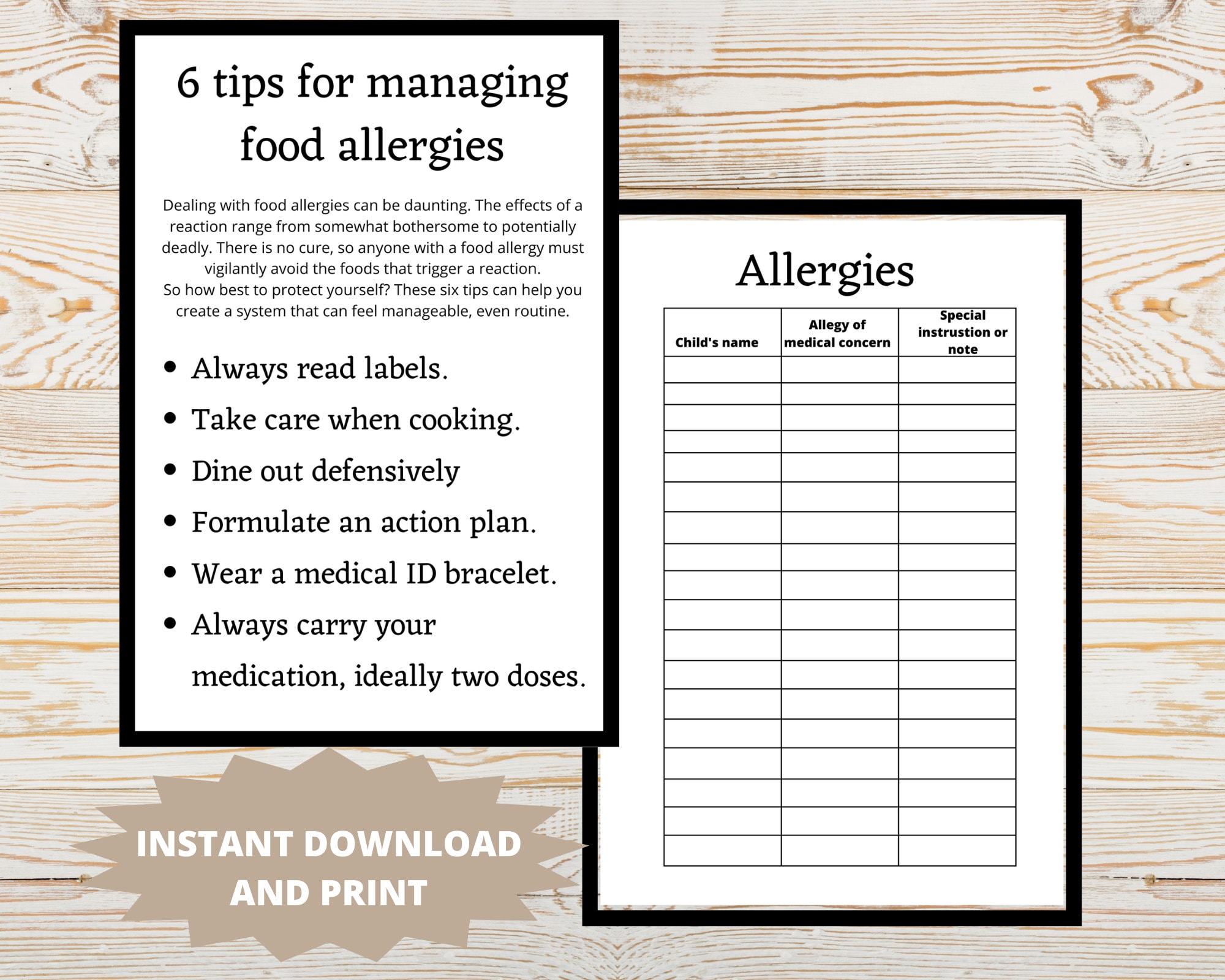 ALLERGY LIST/ Childcare Center Printable Child Allergy Form / Etsy
