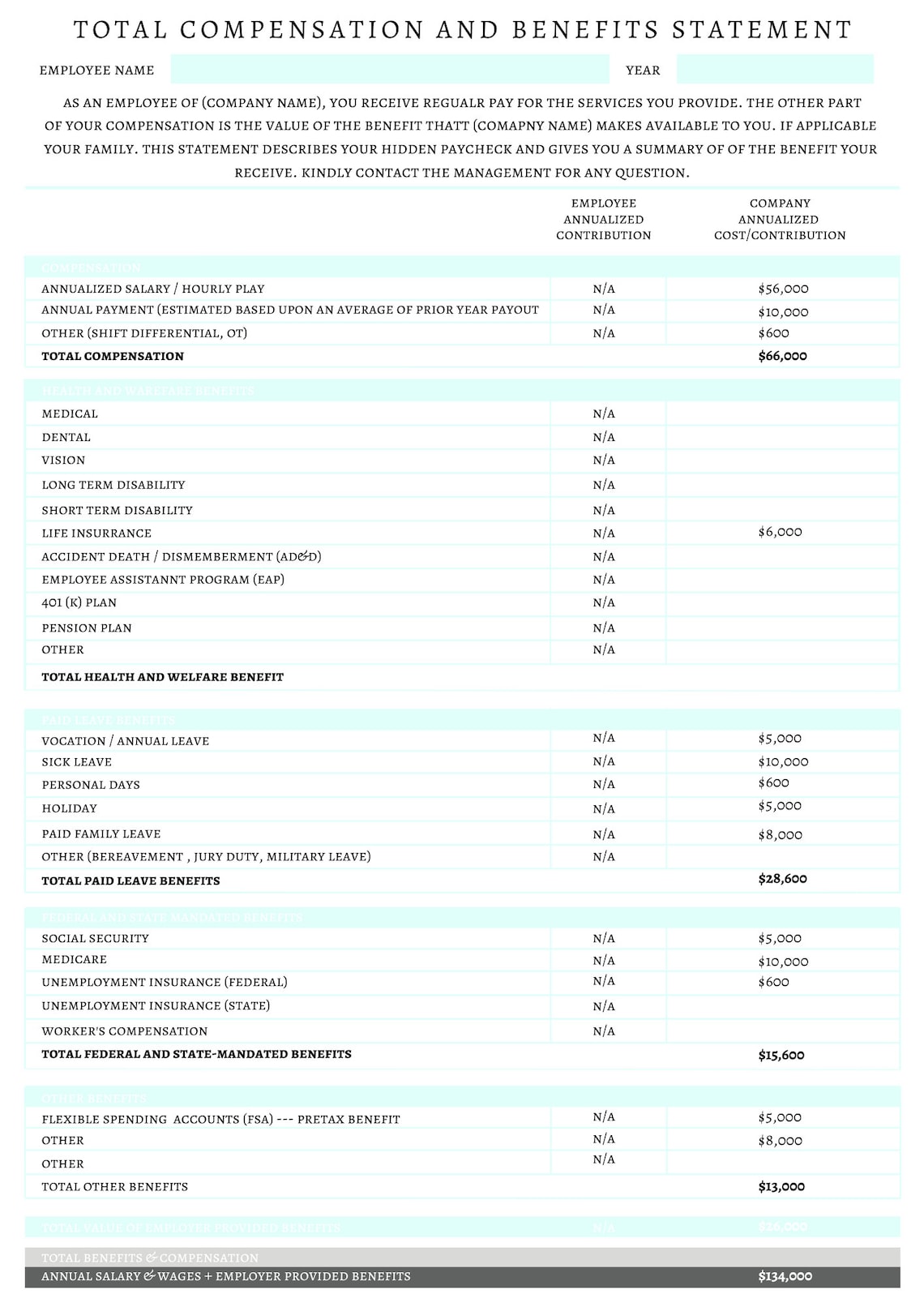 Total Compensation Statement Template Employee Benefits Packet Pay Total Compensation Statement Template Employee Benefits Packet Pay