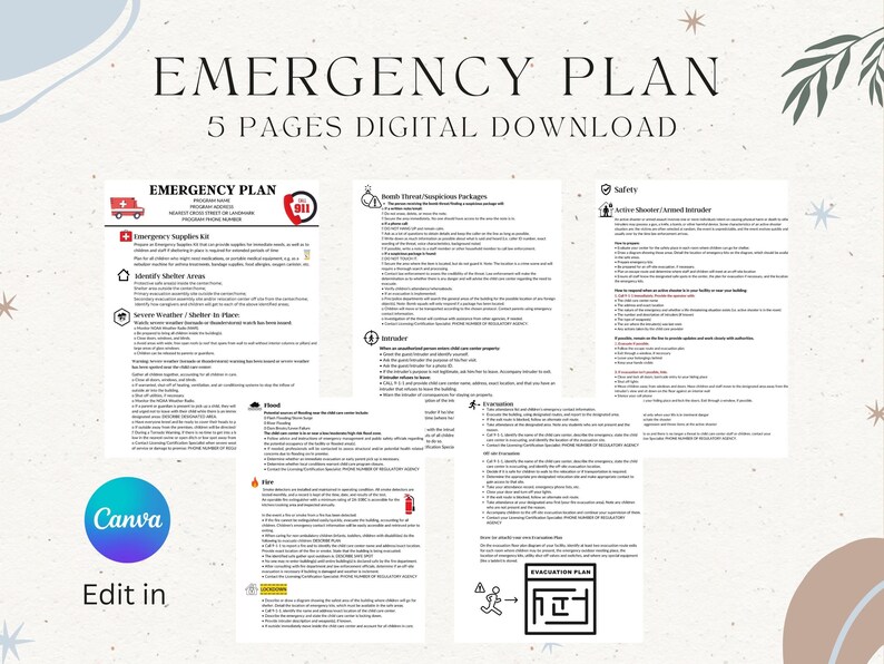 Child Care Emergency Plan Template Edit in Canva Child Care Etsy