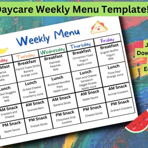 Weekly Daycare Menu Template, Breakfast Menu, Lunch Menu, Preschool Snack Menu, Weekly School Meal Plan, Printable Menus, Meal Planning