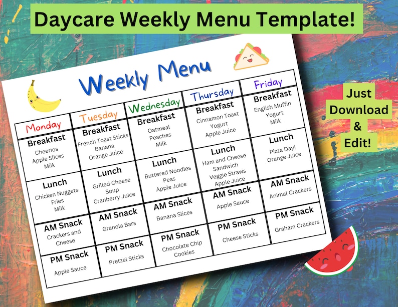 Weekly Daycare Menu Template, Breakfast Menu, Lunch Menu, Preschool ...