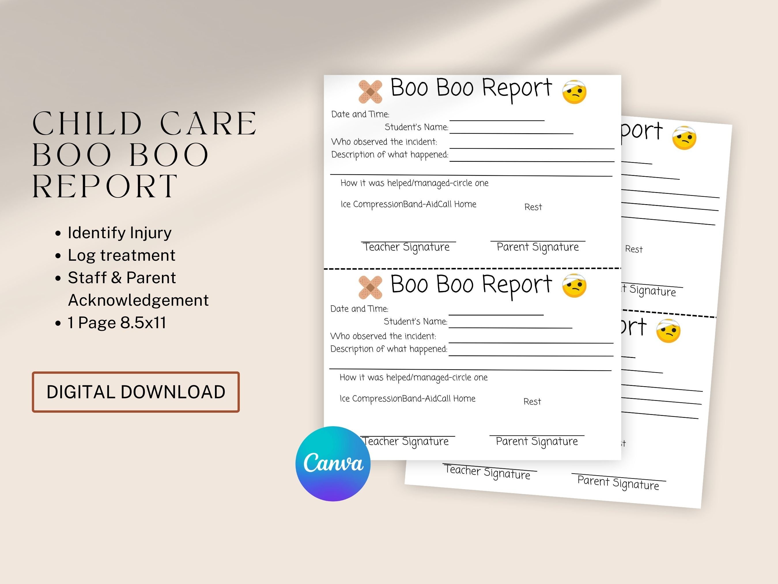 Custom Childcare Center Boo Boo Report Template Child Care - Etsy