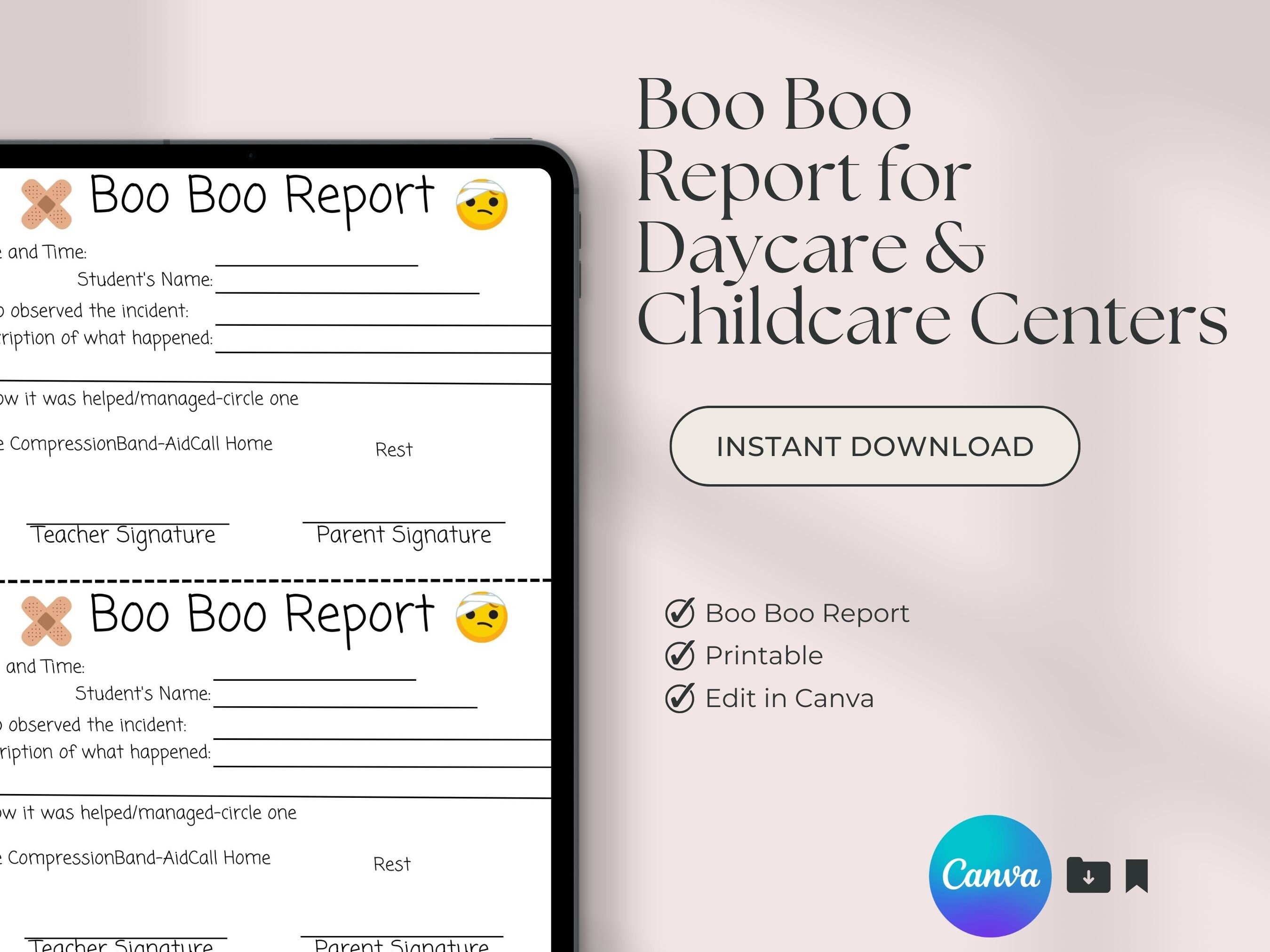 Custom Childcare Center Boo Boo Report Template Child Care - Etsy
