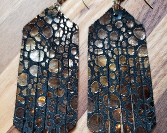 Handmade leather fringe earrings, Black and Gold